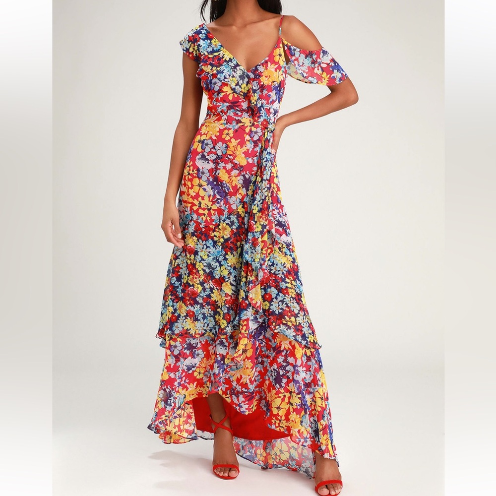 NWT LULUS Radiant Ruby Red Floral Print Chiffon Maxi Dress